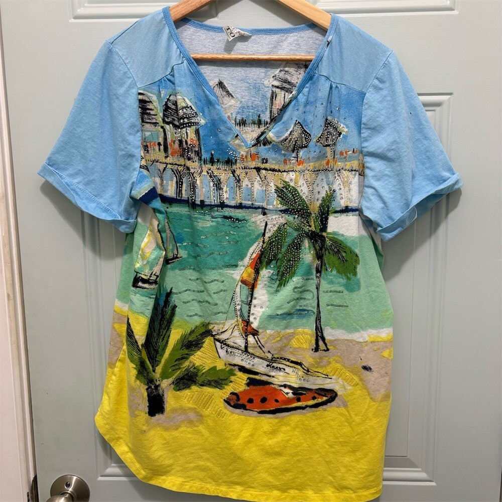 Thomas & Olivia Tunic T-Shirt Womens 2XL Multicolor Beach V-Neck Sequin